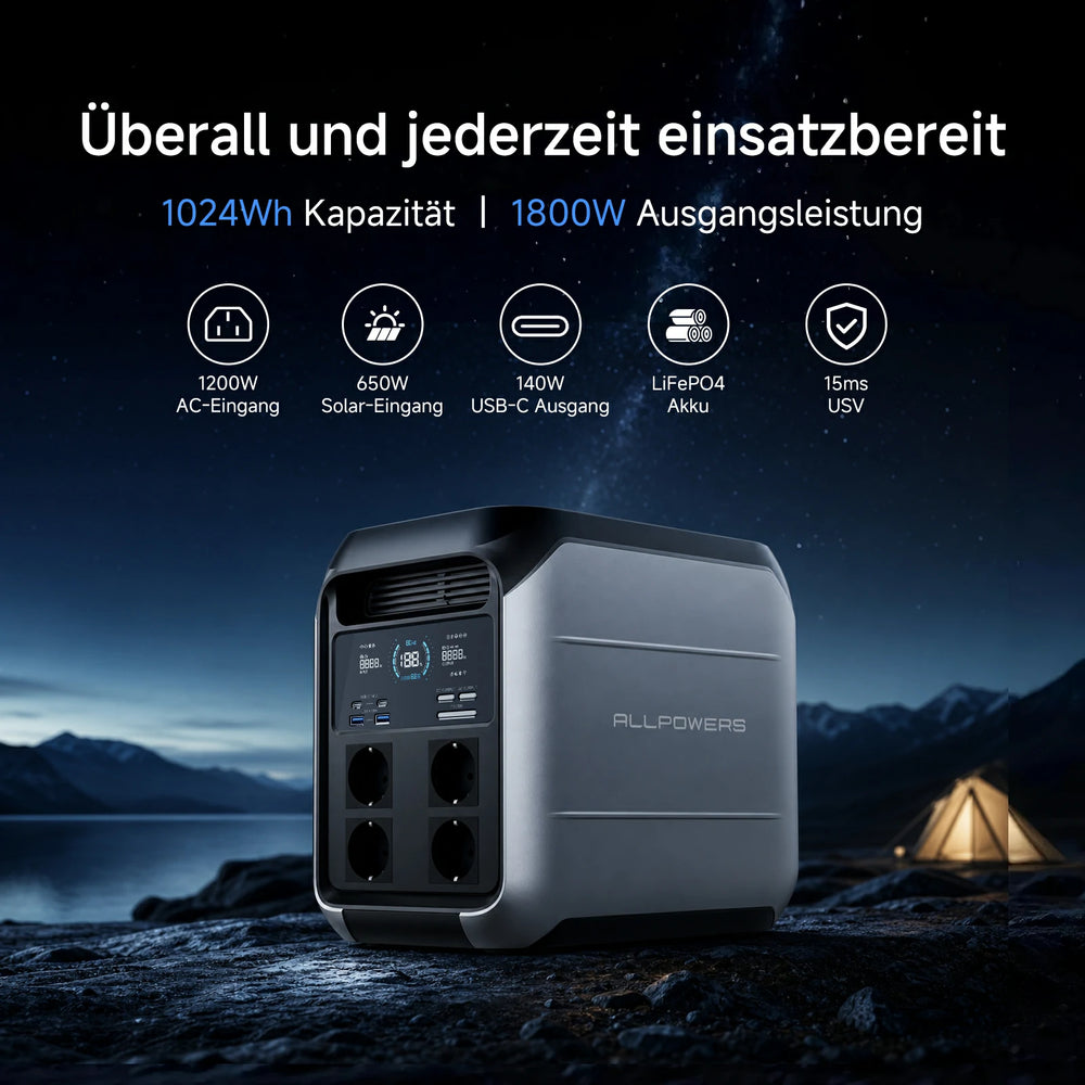 ALLPOWERS P1800 Powerstation versorgt Geräte mit 1800 W Dauerleistung